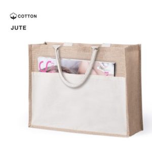 bolsa de yute y algodon asa corta y bolsillo